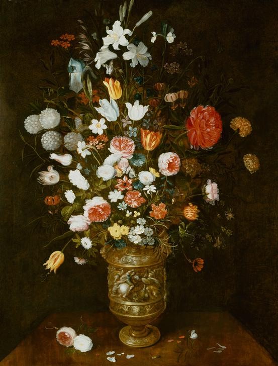 Jan BRUEGHEL DER Jüngere,  Stillleben mit Rosen, Narzissen, Nelken, Schachblume, Iris und Lilien (Flämische Kunst,Kunst,Lilie,Tulpe,Barock,Stillleben,Blumenstrauss,Vase,Niederländische Kunst,Blume)