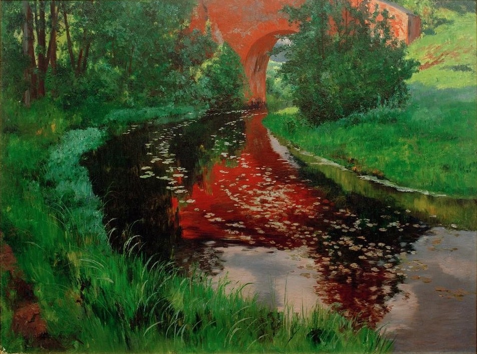 Philipp Franck, Die Bäke in Kohlhasenbrück (Brücke,Deutsche Kunst,Kunst,Landschaft,Impressionismus,Fluss,Spiegelung,Naturalismus)