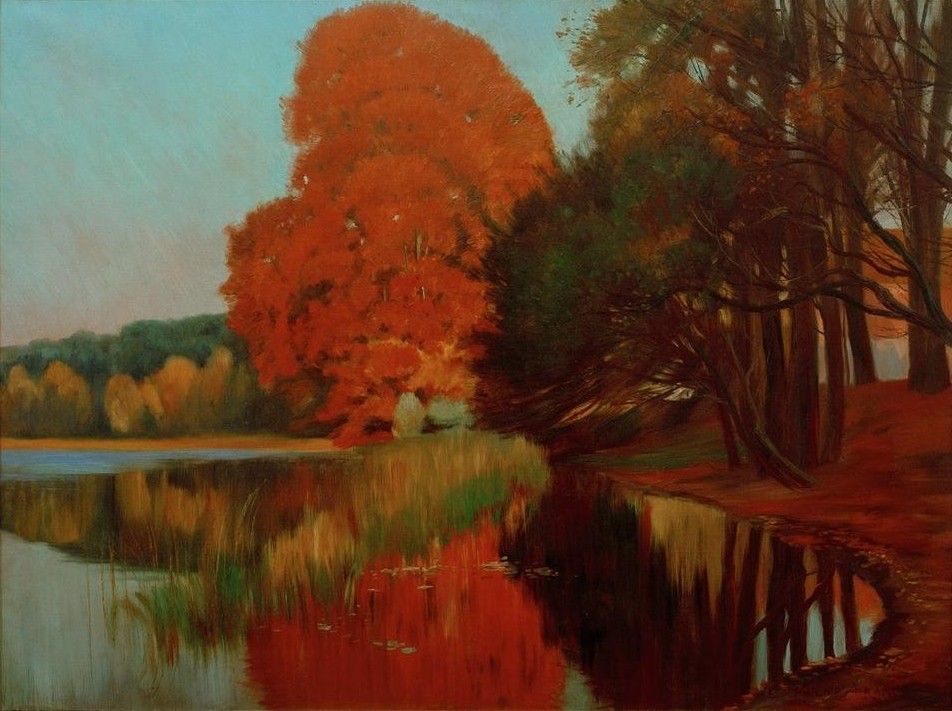 Philipp Franck, Herbststimmung an einem märkischen See (Deutsche Kunst,Gewässer,Herbst,Jahreszeiten,Kunst,Landschaft,Impressionismus,See,Spiegelung,Naturalismus,Laubbaum)