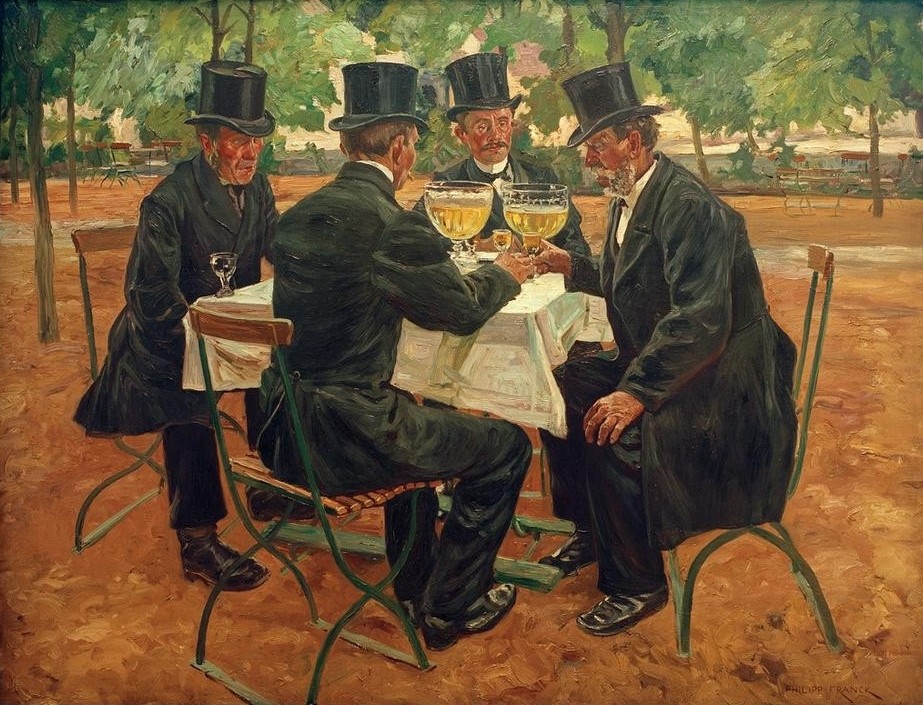 Philipp Franck, Totengräber beim Weißbier (Alkohol,Bier,Deutsche Kunst,Gartenwirtschaft,Gastronomie,Kunst,Mann,Freizeit,Totengräber,Zylinder (Hut),Feierabend,Impressionismus,Gartenmöbel,Frack,Herrenrunde,Trauerkleidung,Im Freien (Allgemein),Berliner Sezession,Berufskleidung,Jahrhundertwende,Gesell)