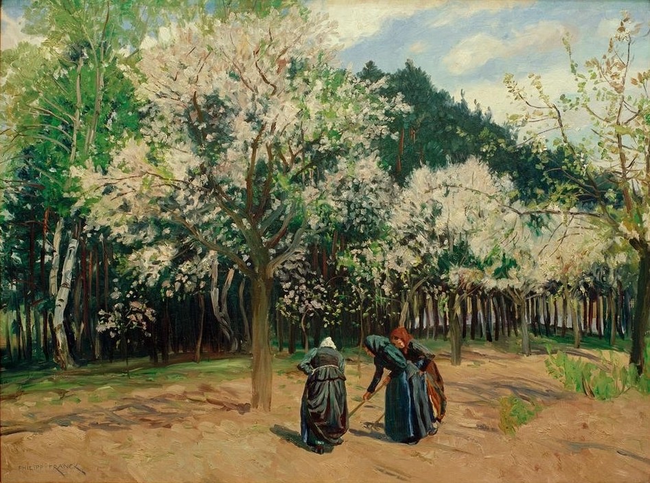 Philipp Franck, Frühling in Stolpe (Baumblüte,Deutsche Kunst,Dorf,Jahreszeiten,Kunst,Landschaft,Impressionismus,Frühling,Hacke,Gartenarbeit,Berliner Sezession,Landleben,Frauenleben,Landbevölkerung,Jahrhundertwende,Dorfleben,Obstbaum,Garten)