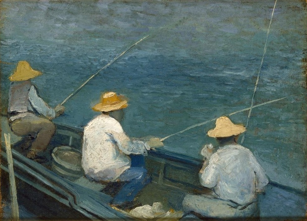 Gustave Caillebotte, Trois pêcheurs en barque (Angeln (Sport),Boot,Gewässer,Kopfbedeckung,Kunst,Landschaft,Mann,Freizeit,Sport,Impressionismus,Hut,Strohhut,Reise,Angel,Französische Kunst,Sonnenhut,Sitzen,Fischfang,Männerleben)