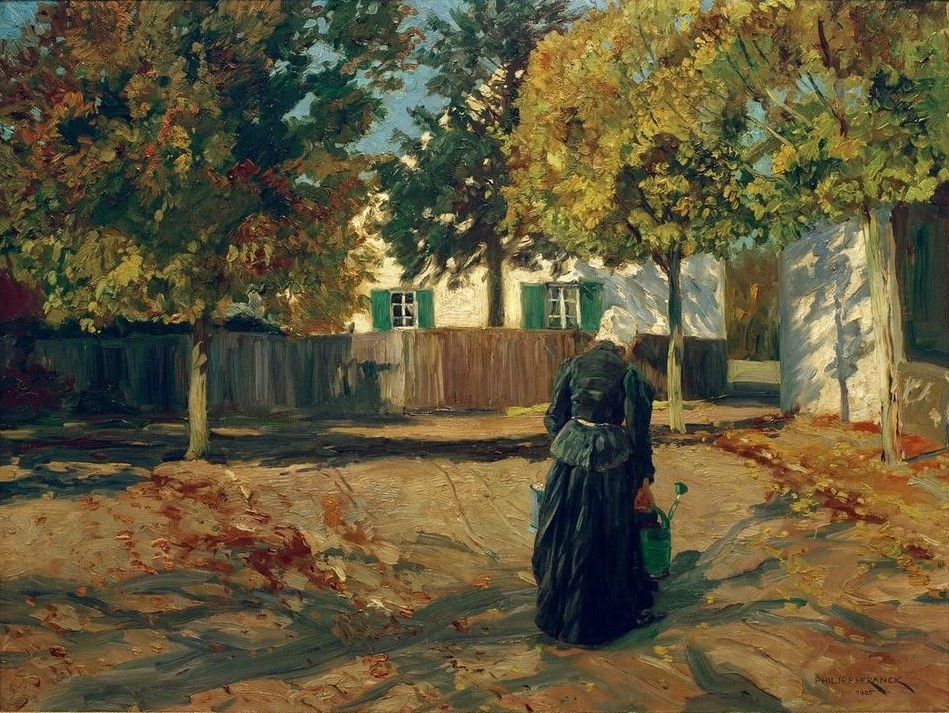 Philipp Franck, Herbstsonne (Deutsche Kunst,Dorf,Frau,Herbst,Jahreszeiten,Kunst,Impressionismus,Rückenfigur,Giesskanne,Gartenarbeit,Berliner Sezession,Sonnenlicht,Frauenleben,Sonnenschein,Jahrhundertwende,Dorfleben,Landwirtschaft)