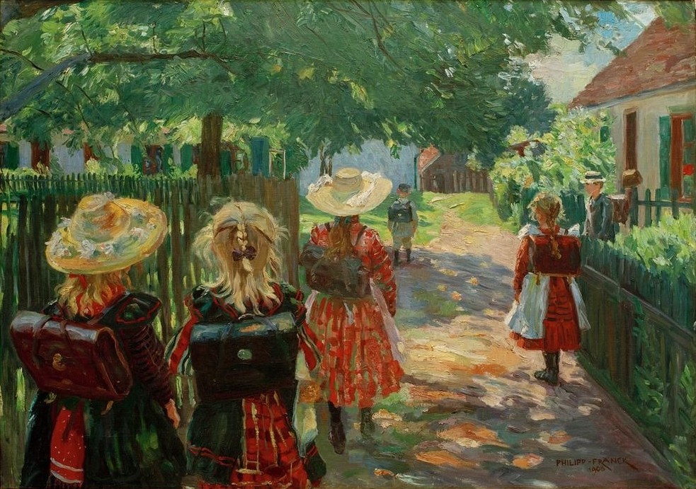 Philipp Franck, Schulweg (Deutsche Kunst,Dorfkind,Dorf,Jahreszeiten,Kind,Kopfbedeckung,Kunst,Mädchen,Pädagogik,Schulweg,Schule,Sommer,Impressionismus,Strohhut,Rückenfigur,Berliner Sezession,Kinderleben,Schulkind,Schülerin,Sonnenlicht,Schulranzen,Sonnenschein,Jahrhundertwende,Dorfl)