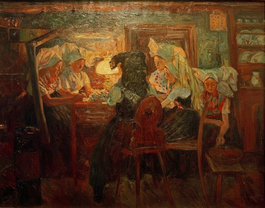 Philipp Franck, Im Lampenlicht (Deutsche Kunst,Frau,Kind,Kopfbedeckung,Kunst,Licht Und Beleuchtung,Mädchen,Petroleumlampe,Sorben,Tracht,Volkskunde,Tageszeiten,Abend,Impressionismus,Lampe,Hausfrau,Haube,Genre,Licht,Berliner Sezession,Landleben,Stuhl,Holzhaus,Kinderleben,Frauenleben,Landb)