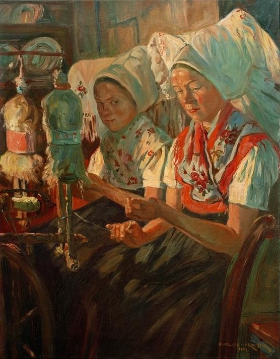 Philipp Franck, Spreewälderinnen beim Spinnen (Deutsche Kunst,Frau,Handarbeit,Kopfbedeckung,Kunst,Mädchen,Sorben,Spinnen,Tracht,Volkskunde,Impressionismus,Hausfrau,Haube,Genre,Spinnrad,Berliner Sezession,Landleben,Frauenleben,Landbevölkerung,Tradition,Licht Und Schatten,Junge Frau,Dorfleben,Land Und L)