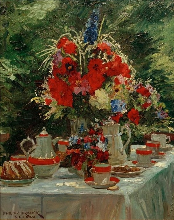 Philipp Franck, Die Kaffeetafel (Deutsche Kunst,Essgeschirr,Garten Und Park,Kaffee,Kunst,Impressionismus,Stillleben,Blumenstrauss,Vase,Kuchen,Napfkuchen,Berliner Sezession,Kaffeekanne,Blume,Gedeckter Tisch,Kaffeetasse,Kaffeetrinken,Geschirr (Haushalt),Garten)