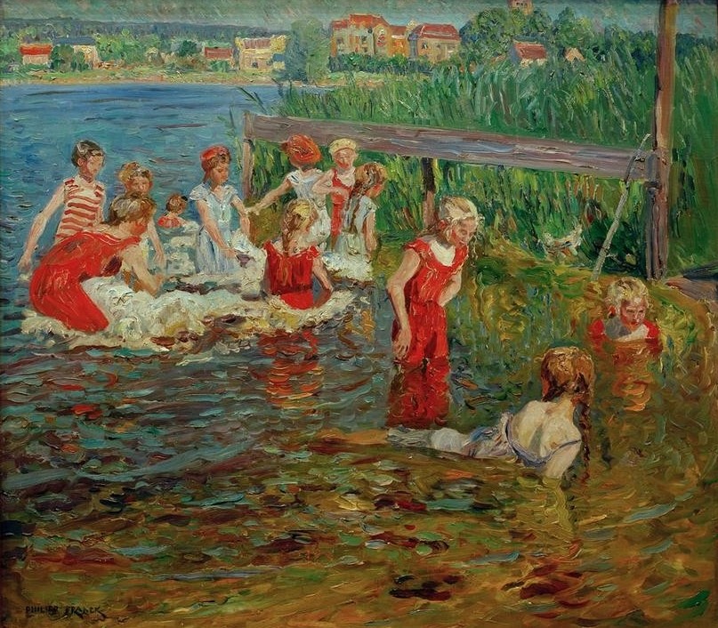 Philipp Franck, Badespaß (Bad Im Freien,Bad,Deutsche Kunst,Gewässer,Jahreszeiten,Kind,Kunst,Sommer,Impressionismus,See,Steg (Architektur),Berliner Sezession,Lebensfreude,Kinderleben)