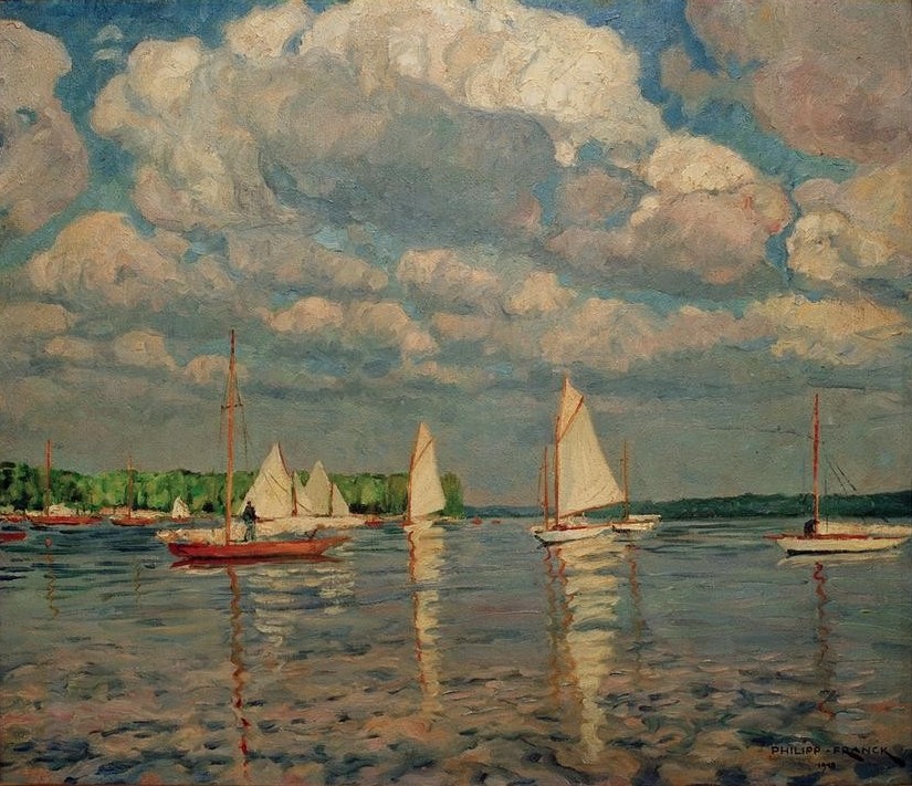 Philipp Franck, Segelboote auf dem Wannsee (Deutsche Kunst,Geographie,Gewässer,Himmel (Natur),Kunst,Landschaft,Schiff,Segeln,Sport,Wolke,Impressionismus,Segelboot,See,Berliner Sezession,Topographie,Schifffahrt)