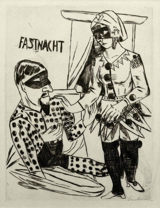 Max Beckmann, Fastnacht (Karneval, Kostüme, Personen, Verkleidung,  Zeichnung, Expressionismus, Klassische Moderne, Wunschgröße, Wohnzimmer, Treppenhaus, schwarz/weiß)