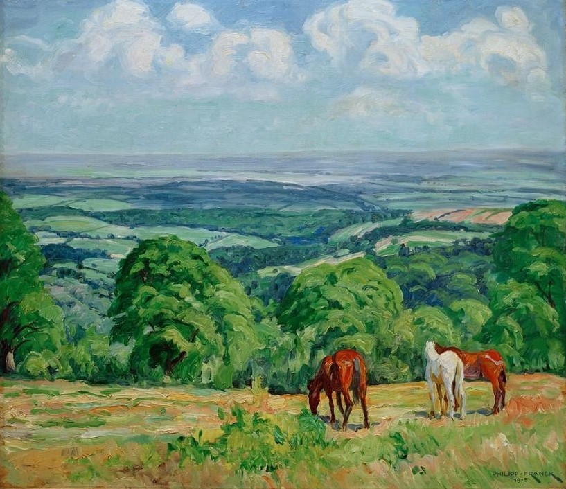 Philipp Franck, Ein Blick ins Weite (Deutsche Kunst,Kunst,Landschaft,Pferd (Tier),Pferdezucht,Weide,Impressionismus,Panorama,Mittelgebirge)