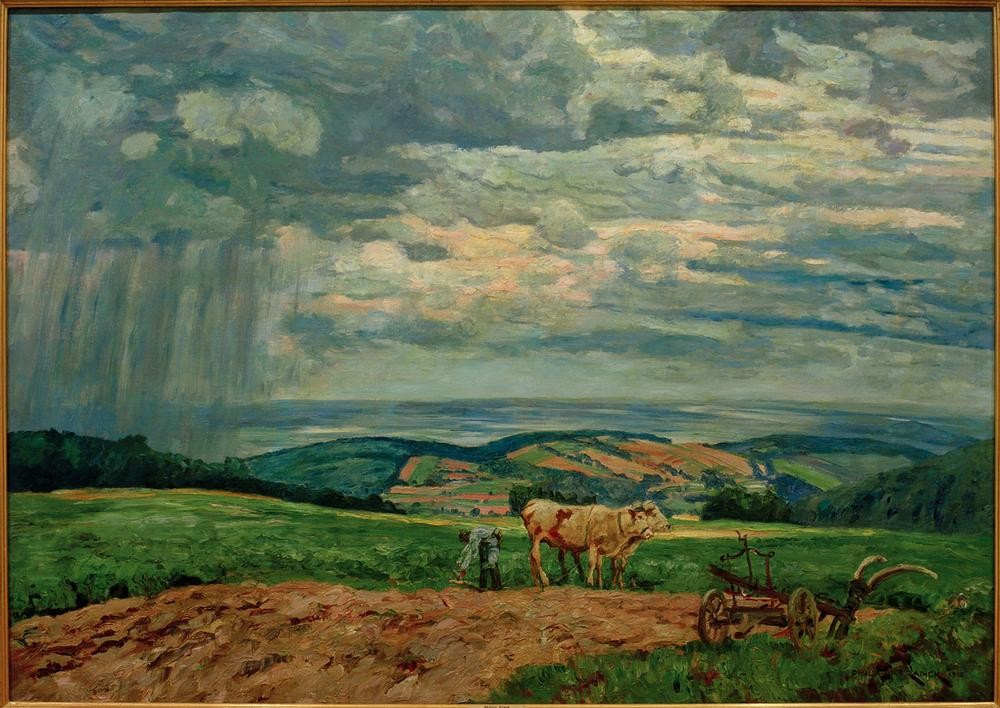 Philipp Franck, Taunuslandschaft (Ackerbau,Bauer (Landwirt),Deutsche Kunst,Geräte,Himmel (Natur),Kunst,Landschaft,Pflug,Wolke,Impressionismus,Acker,Landleben,Ochsengespann,Ochse,Mittelgebirge,Feldarbeit,Landwirtschaft)