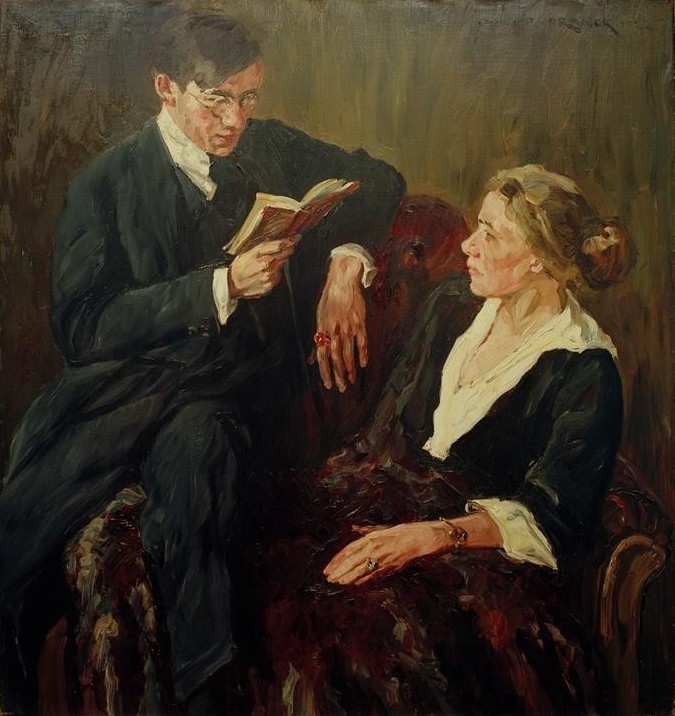 Philipp Franck, Der Dichter (Buch,Deutsche Kunst,Frau,Dichter,Kunst,Literatur,Mann,Mensch,Mutter Und Kind,Vorleser,Impressionismus,Portrait,Künstlerfrau,Mutter Und Sohn,Zuhören,Sitzen,Doppelportrait,Konzentration,Junger Mann)