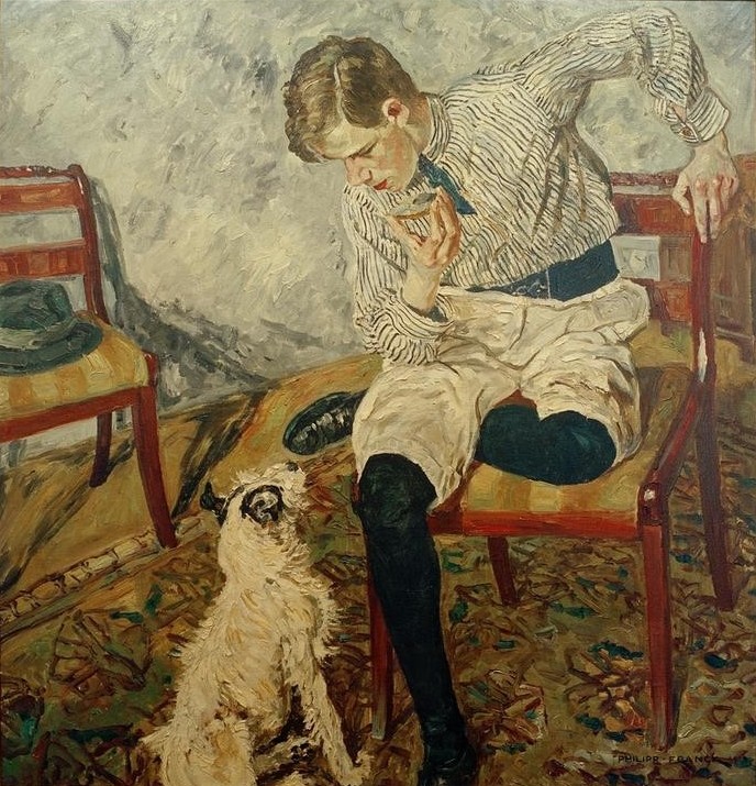 Philipp Franck, Das Frühstück (Brot,Deutsche Kunst,Kind,Kunst,Mensch,Strumpf,Tafelsitten,Impressionismus,Nahrungsmittel,Hund,Frühstück,Portrait,Kind Und Tier,Betteln,Haustier,Knabe,Hemd,Belegtes Brot,Stuhl,Kinderleben,Sitzen,Streifen,Essen (Nahrung),Kurze Hose,Jugendlicher)