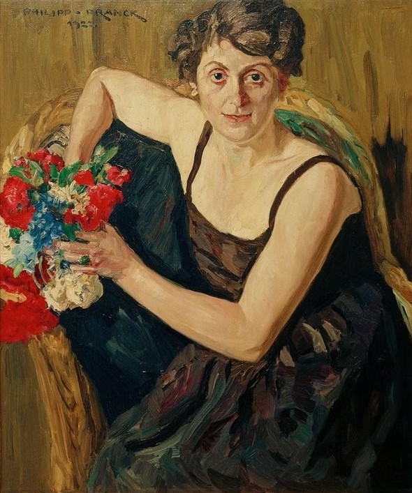 Philipp Franck, Damenbildnis (Deutsche Kunst,Frau,Kunst,Mensch,Impressionismus,Portrait,Blumenstrauss,Unterkleid,Sitzen,Blick Aus Dem Bild,Kniestück)