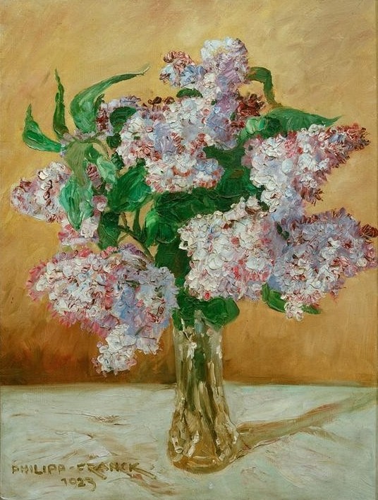 Philipp Franck, Fliederstrauß in einer Glasvase (Botanik,Deutsche Kunst,Kunst,Impressionismus,Stillleben,Flieder,Blumenstrauss,Vase,Blüte,Zweig,Glasvase)