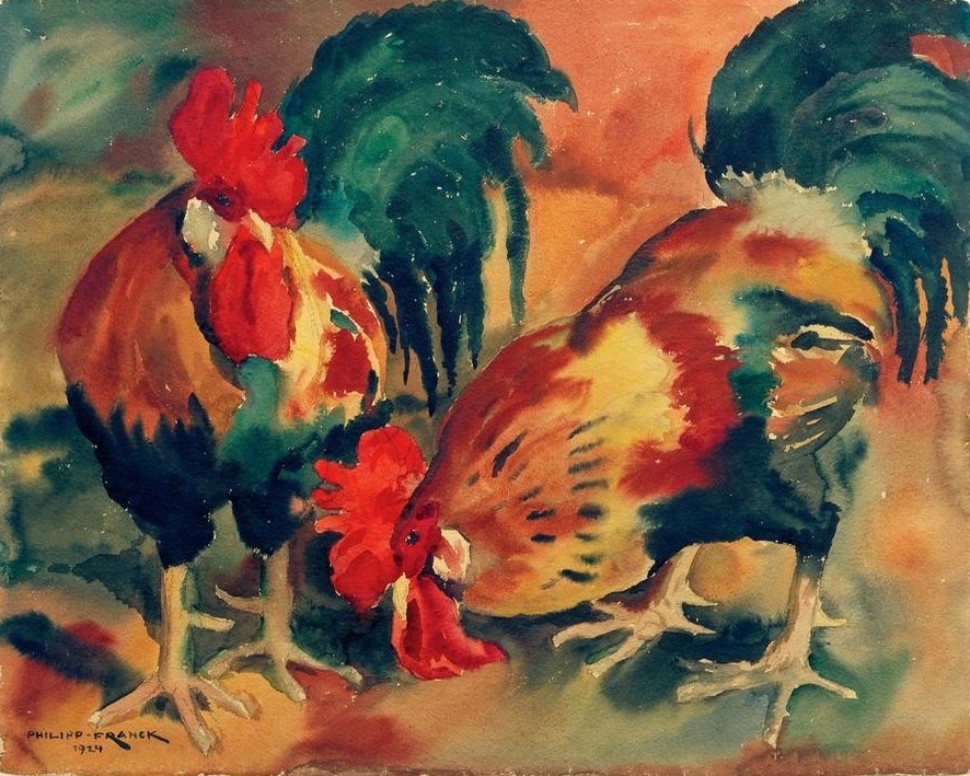 Philipp Franck, Zwei Hähne (Deutsche Kunst,Geflügelzucht,Huhn,Kunst,Vogel,Zoologie,Hahn,Tier,Landwirtschaft,Farbe)