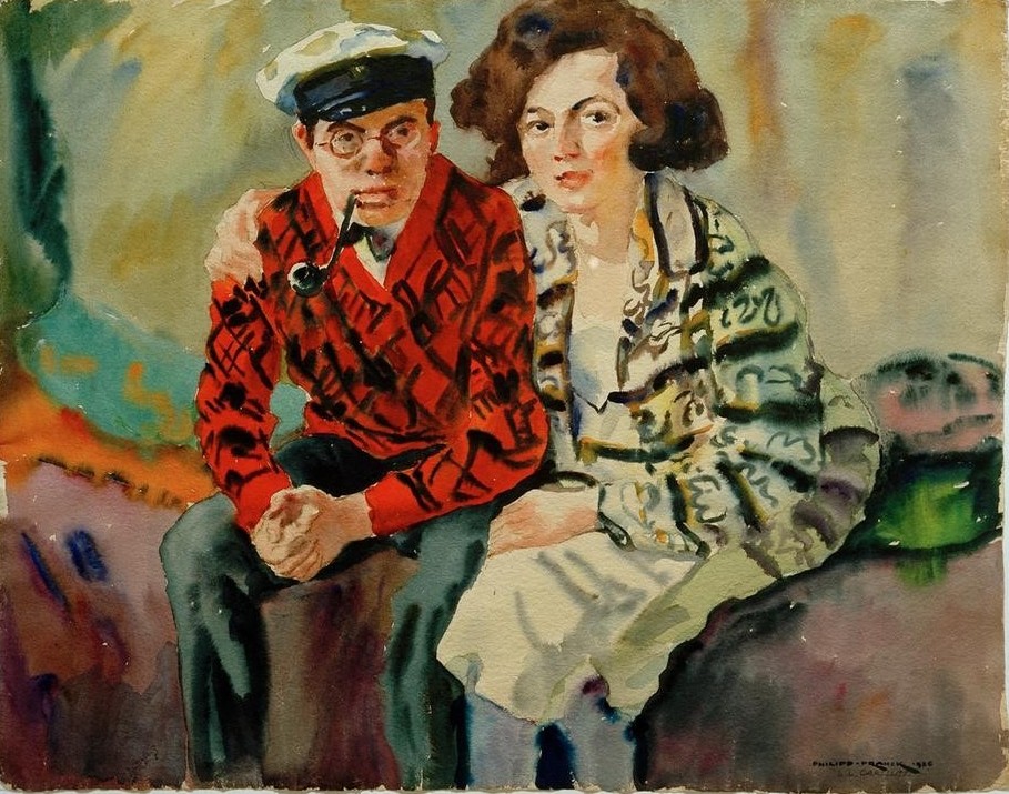 Philipp Franck, Carllutz und Hanni (Brille,Deutsche Kunst,Ehepaar,Frau,Kopfbedeckung,Kunst,Liebe,Liebe Und Ehe,Mann,Mensch,Optik,Pfeife (Tabak),Rauchen,Portrait,Paar,Zärtlichkeit,Schirmmütze,Pullover,Junges Paar,Sohn,Schwiegertochter,Sitzen,Junge Frau,Doppelportrait,Gemustert,Raucher,Junger)