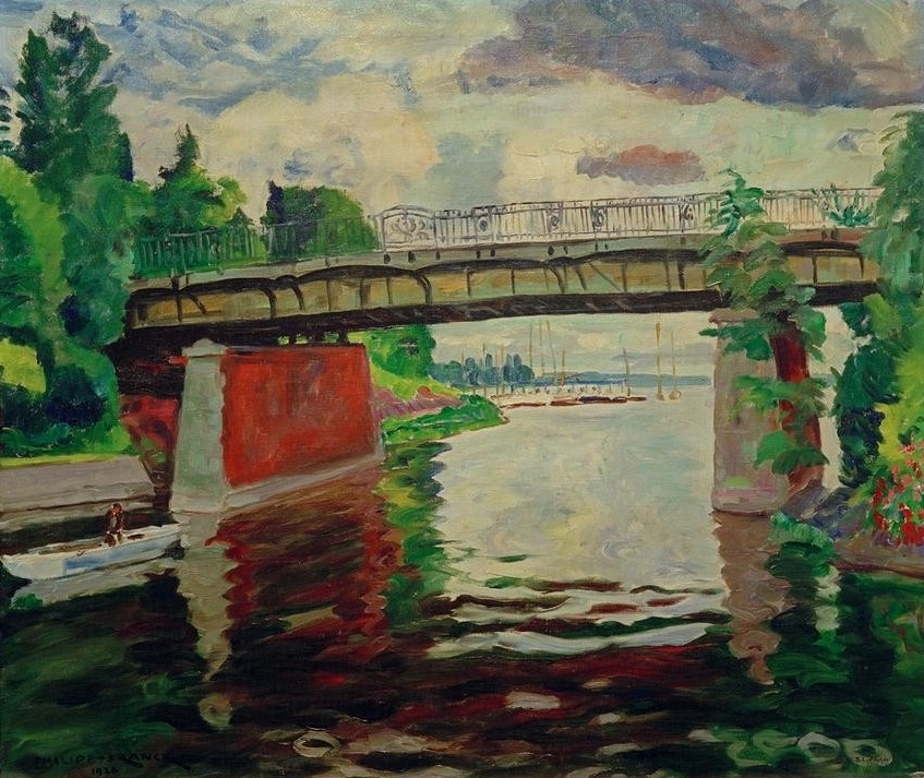 Philipp Franck, Die Wannseebrücke (Brücke,Deutsche Kunst,Geographie,Gewässer,Kunst,Landschaft,Spiegelung,Architekturdarstellung,Topographie,Verkehrsbauten)