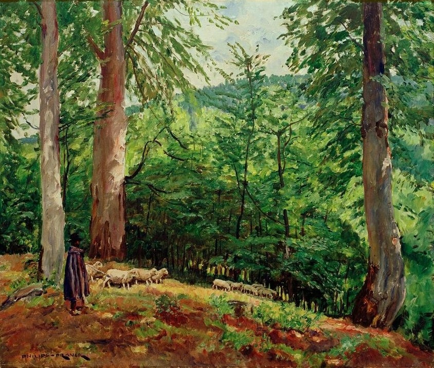 Philipp Franck, Schäfer mit Schafherde im Taunus (Deutsche Kunst,Gebirge,Kunst,Landschaft,Schafzucht,Wald,Impressionismus,Schaf,Lichtung,Schafherde,Herde,Mittelgebirge,Landwirtschaft,Schäfer)