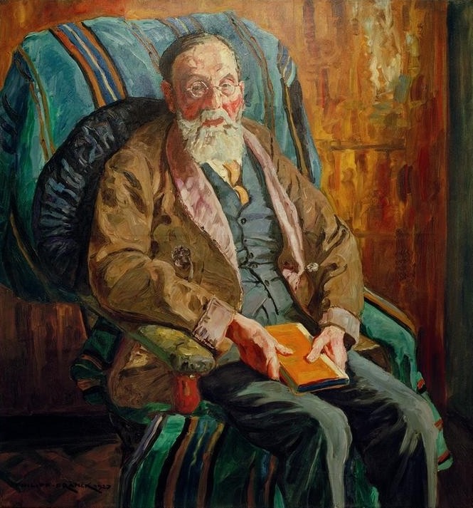 Philipp Franck, Porträt des Historikers Albert Ruppersberg (Brille,Buch,Deutsche Kunst,Historiker,Kunst,Mann,Optik,Impressionismus,Bart,Portrait,Greis,Armlehnsessel,Vollbart,Jacke,Alter Mann,Sitzen,Nickelbrille,Geisteswissenschaft,Kniestück,Geisteswissenschaftler,Person)