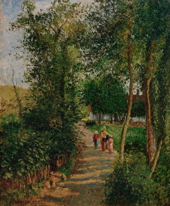 Camille Pissarro, Route de Berneval-le-Petit (maison Thievain) (Kunst,Landschaft,Wald,Impressionismus,Weg,Fussgänger,Jahrhundertwende)