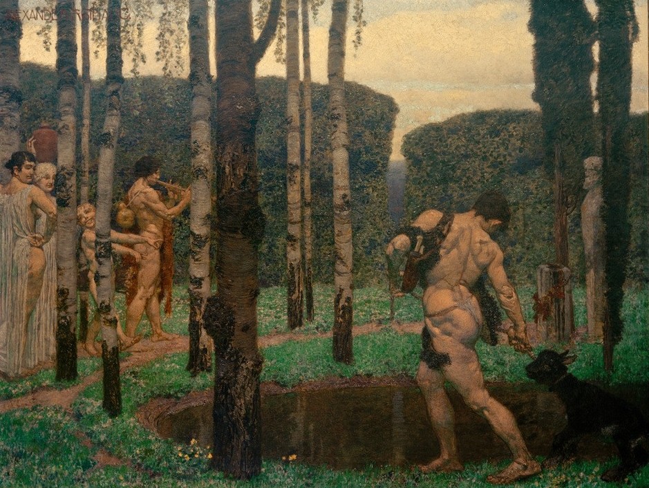 Alexander Rothaug, Heiliger Frühling (Frau,Kult,Kunst,Mann,Mensch,Musik,Mythologie,Religion,Ziege,Symbolismus,Akt,Birke,Baum,Bukolik,Österreichische Kunst,Im Freien (Allgemein),Muskulatur,Flötist,Tier,Opfertier,Flötenspiel,Naturverbundenheit,Tümpel)