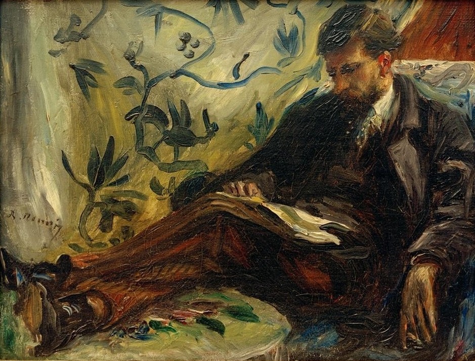 Pierre-Auguste Renoir, Bildnis Edmond Maître auf dem Sofa (Kunstsammler,Kunst,Leser,Mann,Musiker,Musik,Freizeit,Impressionismus,Tisch,Portrait,Zeitung,Lesen (Allgemein),Mäzen,Sofa,Französische Kunst,Sitzen,Füsse Auf Dem Tisch,Ganzfigurig,Zeitungsleser,Körperhaltung,Person,Männerleben,Signatur)