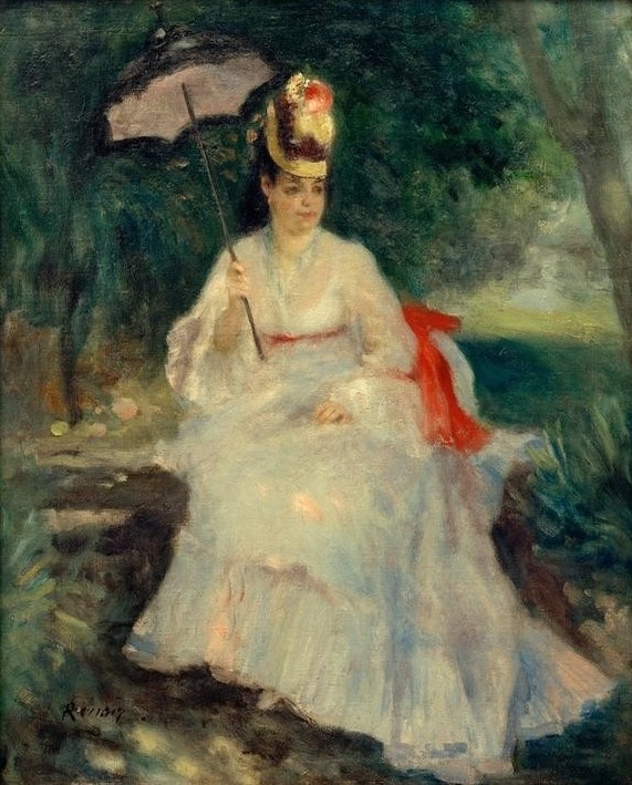 Pierre-Auguste Renoir, Frau mit Sonnenschirm im Garten (Frau,Garten Und Park,Kunst,Landschaft,Menschen Im Park,Mensch,Freizeit,Impressionismus,Portrait,Sonnenschirm,Französische Kunst,Menschen Im Garten,Frauenleben,Sitzen,Ganzfigurig)
