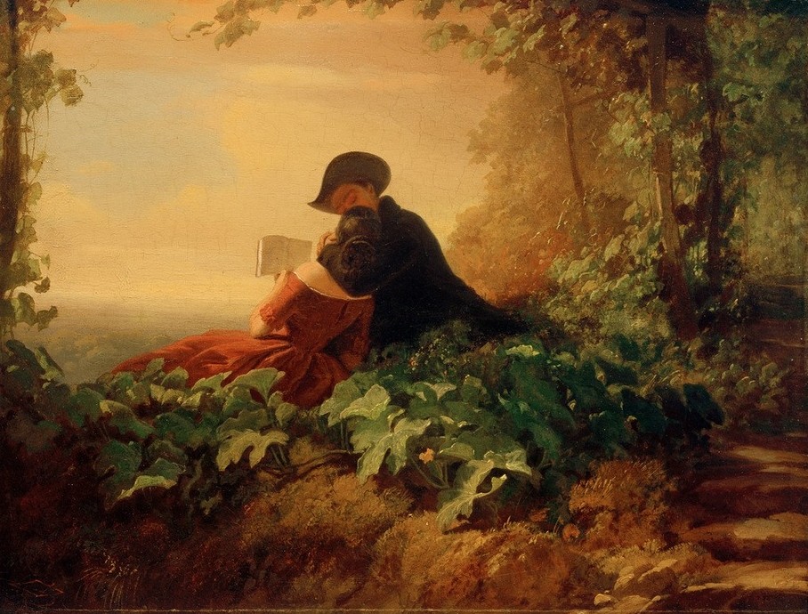 Carl Spitzweg, Die Nachhilfestunde (Buch,Deutsche Kunst,Frau,Kunst,Landschaft,Liebe,Liebe Und Ehe,Liebespaar,Mann,Kuss,Umarmung,Genre,Im Freien (Allgemein),Sonnenlicht,Sonnenschein,Verliebt,Nachhilfe,Rendez-Vous)