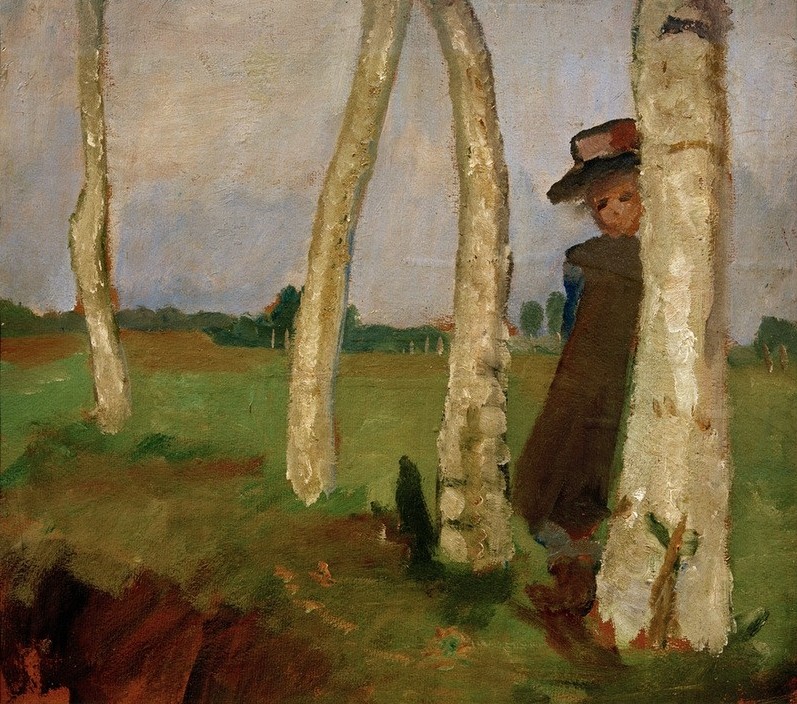 Paula Modersohn-Becker, Mädchen mit Hut zwischen Birkenstämmen (Deutsche Kunst,Dorfkind,Kind,Kopfbedeckung,Kunst,Landschaft,Mädchen,Mensch,Hut,Frauenkunst,Portrait,Birke,Baum,Strohhut,Kinderleben,Worpsweder Künstlerkolonie,Jahrhundertwende,Ganzfigurig,Baumstamm)