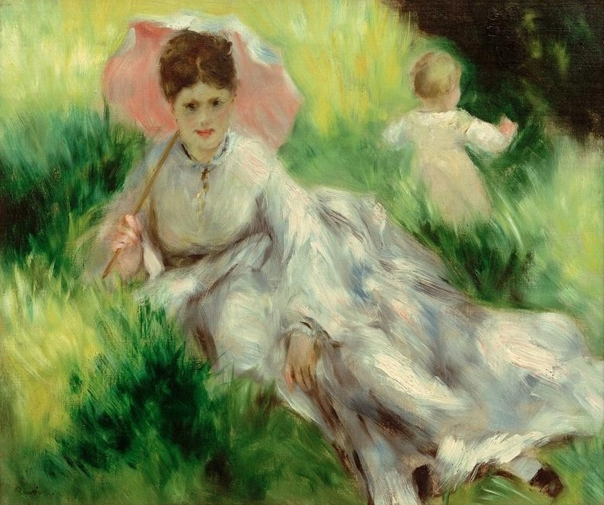 Pierre-Auguste Renoir, Frau mit Sonnenschirm und Kind auf sonnigem Hang (Frau,Garten Und Park,Kind,Kunst,Landschaft,Menschen Im Park,Mensch,Mutter Und Kind,Freizeit,Impressionismus,Kleinkind,Wiese,Sonnenschirm,Französische Kunst,Im Freien (Allgemein),Menschen Im Garten,Frauenleben,Sitzen,Liegen)