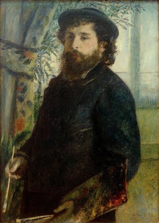 Pierre-Auguste Renoir, Claude Monet beim Malen (Fenster,Herrenhut,Kopfbedeckung,Künstler,Kunst,Maler (Künstler),Mann,Impressionismus,Bart,Hut,Künstler Bei Der Arbeit,Portrait,Palette,Französische Kunst,Pinsel,Vorhang,Vollbart,Halbfigur,Person,Signatur)