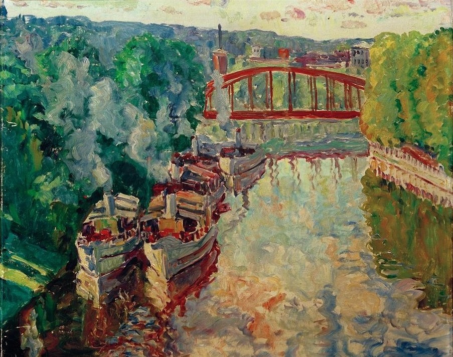 Philipp Franck, Dampferanlegestelle (Brücke,Dampfer,Deutsche Kunst,Kunst,Landschaft,Schiff,Schiffsanlegestelle,Impressionismus,Binnenschiffahrt,Ausflugsschiff,Flusschiffahrt)