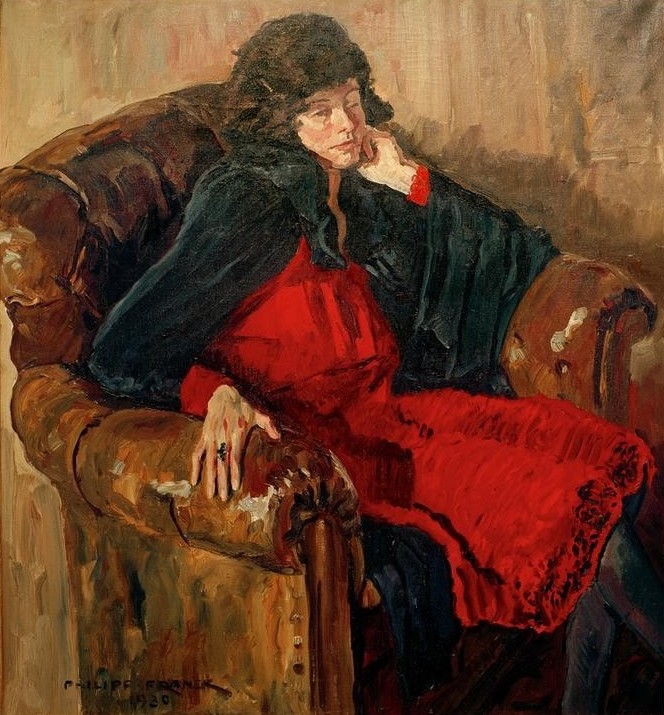 Philipp Franck, Dame im Sessel (Deutsche Kunst,Frau,Kunst,Mensch,Impressionismus,Portrait,Kleid,Sessel,Sitzen,Junge Frau,Rot,Kopf Stützen)