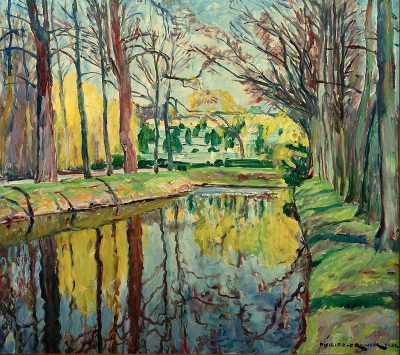 Philipp Franck, Blick auf Schloss Sanssouci (Deutsche Kunst,Garten Und Park,Geographie,Gewässer,Kanal,Kunst,Landschaft,Park,Schlosspark,Impressionismus,Spiegelung,Topographie)