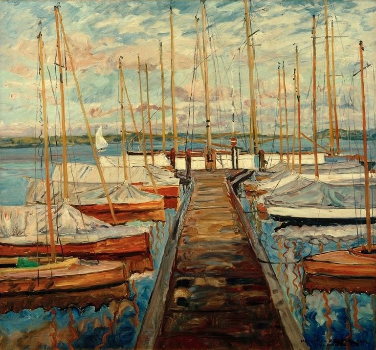 Philipp Franck, Bootssteg mit Segelbooten (Boot,Deutsche Kunst,Himmel (Natur),Kunst,Landschaft,Segeln,Sport,Impressionismus,Segelboot,See,Steg (Architektur),Vor Anker,Bootssteg,Schifffahrt)