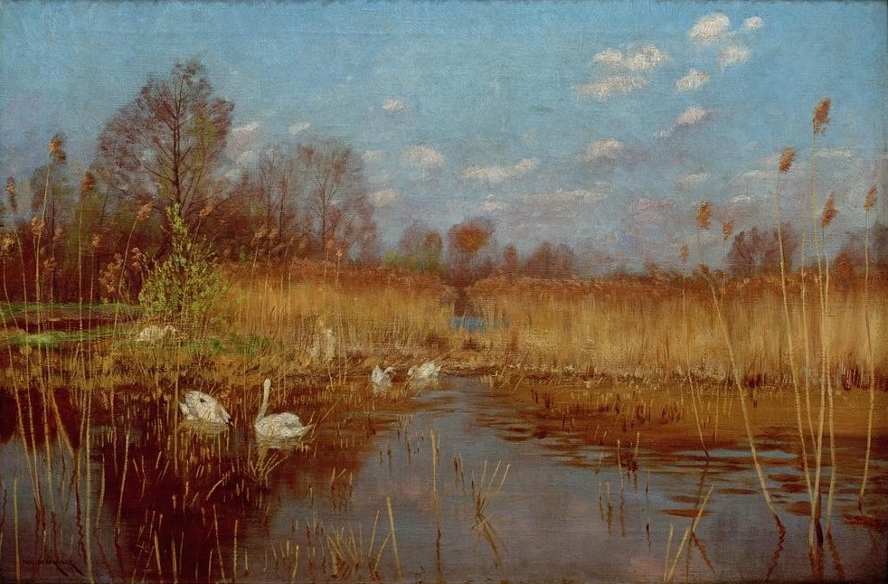 Philipp Franck, Frühling (Deutsche Kunst,Gewässer,Jahreszeiten,Kunst,Landschaft,Schwan (Tier),See,Frühling,Realismus,Schilf,Naturalismus,Wasservogel)