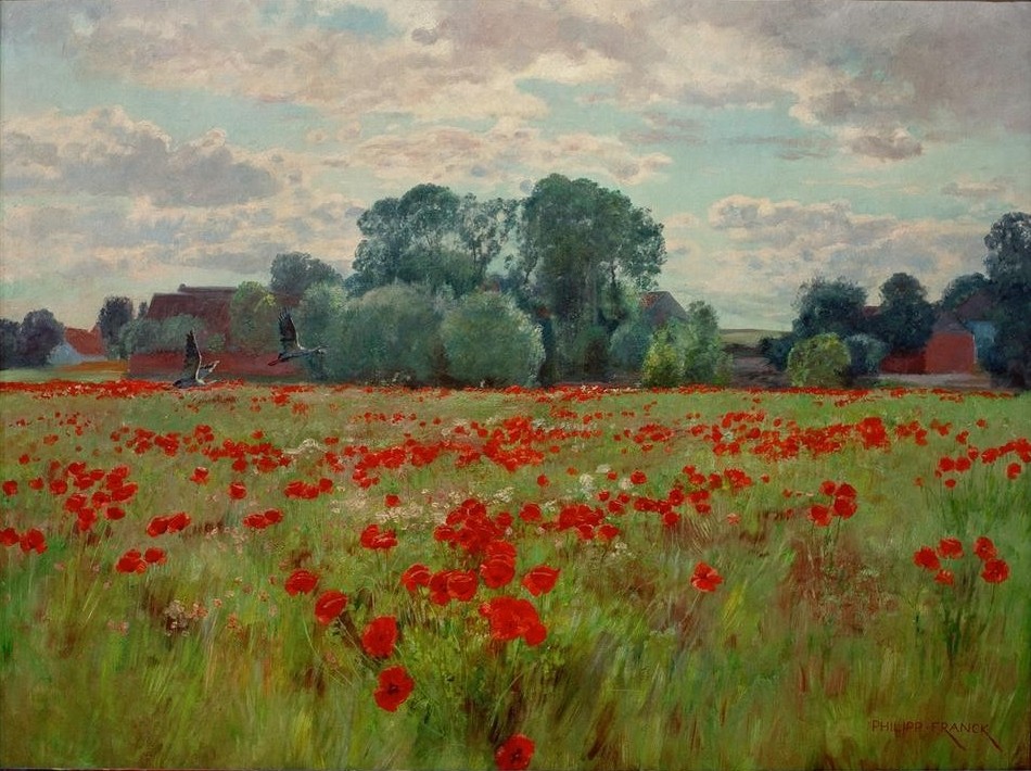 Philipp Franck, Gänsewiese (Deutsche Kunst,Himmel (Natur),Kunst,Landschaft,Vogel,Wolke,Mohn,Realismus,Wiese,Gans (Zoologie),Wildgans,Fliegen,Klatschmohn,Naturalismus,Blume)