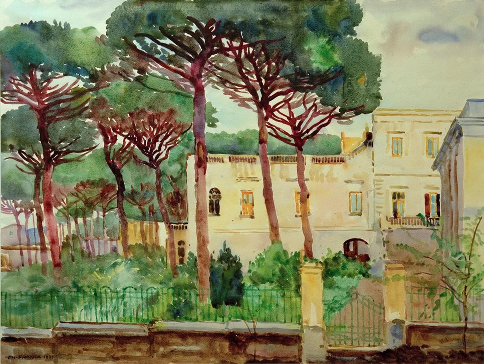 Philipp Franck, Haus unter Pinien (Deutsche Kunst,Haus,Kunst,Villa,Impressionismus,Baum,Architekturdarstellung,Pinie)