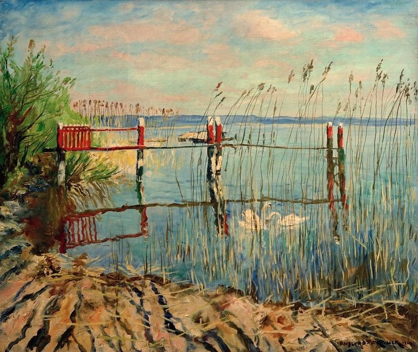 Philipp Franck, Badesteg am Jungfernsee (Deutsche Kunst,Kunst,Landschaft,Schwan (Tier),Impressionismus,See,Steg (Architektur),Schilf,Wasservogel)