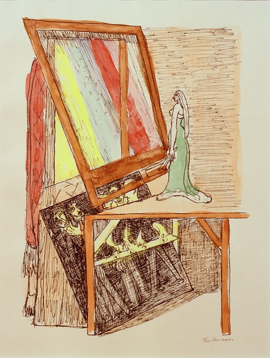Max Beckmann, MAGIC MIRROR (Zauberspiegel) (Spiegel, optische Täuschung, Zirkus, Mensch und Gesellschaft, Zeichnung, Grafik, Expressionismus, Klassische Moderne, Wunschgröße, Wohnzimmer, bunt)