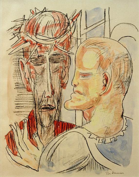 Max Beckmann, CHRIST AND PILATE (Christus und Pilatus) (Religion, Christentum, Jesus Christus, Dornenkrone, Pilatus, Zeichnung, Grafik, Expressionismus, Klassische Moderne, Wunschgröße, Wohnzimmer, bunt)