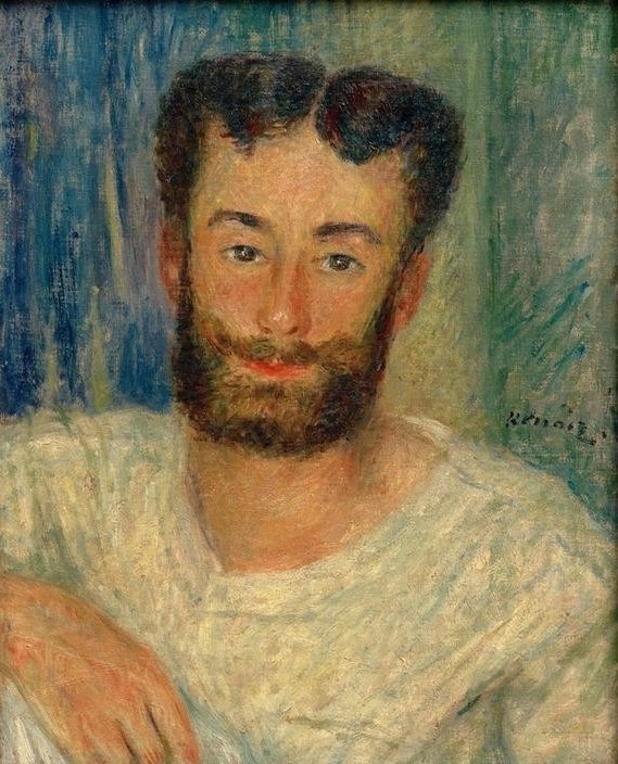 Pierre-Auguste Renoir, Bildnis eines bärtigen jungen Mannes mit ausgeschnittener Weste (Der Ruderer von Bougival) (Kunst,Mann,Mensch,Rudern,Volkskunde,Impressionismus,Bart,Portrait,Weste,Französische Kunst,Vollbart,Kleidung (Allgemein),Mittelscheitel,Blick Aus Dem Bild,Brustbild,Land Und Leute,Signatur,Junger Mann)