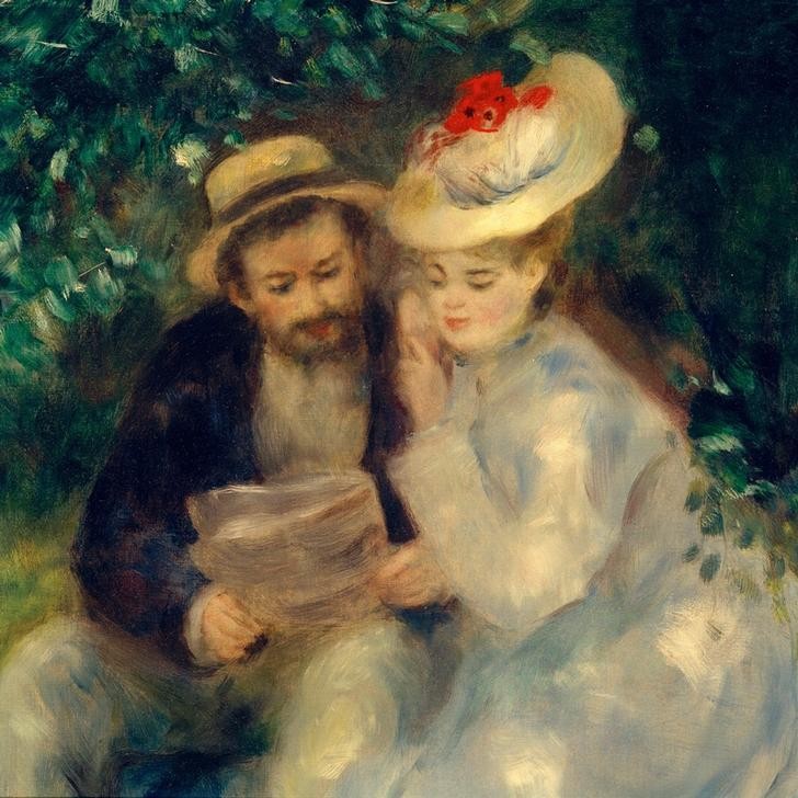 Pierre-Auguste Renoir, Geheimnisse (La Tonnelle) (Damenhut,Damenmode,Frau,Herrenhut,Herrenmode,Kopfbedeckung,Kunst,Leser,Liebe,Liebe Und Ehe,Liebespaar,Mann,Mensch,Mode,Freizeit,Volkskunde,Impressionismus,Hut,Zeitung,Strohhut,Lesen (Allgemein),Französische Kunst,Im Freien (Allgemein),Paar,Kleidung (Allge)