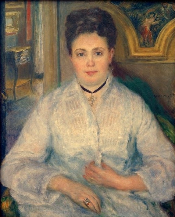 Pierre-Auguste Renoir, Bildnis von Madame Victor Chocquet (Ehefrau,Damenmode,Frau,Kunstsammler,Kunst,Mode,Schmuck,Impressionismus,Bild Im Bild,Ehefrau Von Berühmten,Portrait,Französische Kunst,Kleid,Anhänger (Schmuck),Fingerring,Kleidung (Allgemein),Halsband,Sitzen,Blick Aus Dem Bild,Halbfigur,Person,Signatur)