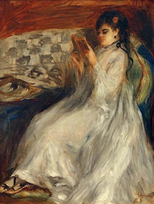 Pierre-Auguste Renoir, Junge lesende Frau in Weiß (Buch,Damenmode,Frau,Kunst,Mensch,Mode,Freizeit,Impressionismus,Portrait,Lesen (Allgemein),Sofa,Französische Kunst,Kleid,Kleidung (Allgemein),Frauenleben,Langes Haar,Farben,Leserin,Sitzen,Ganzfigurig,Weiss (Farbe))