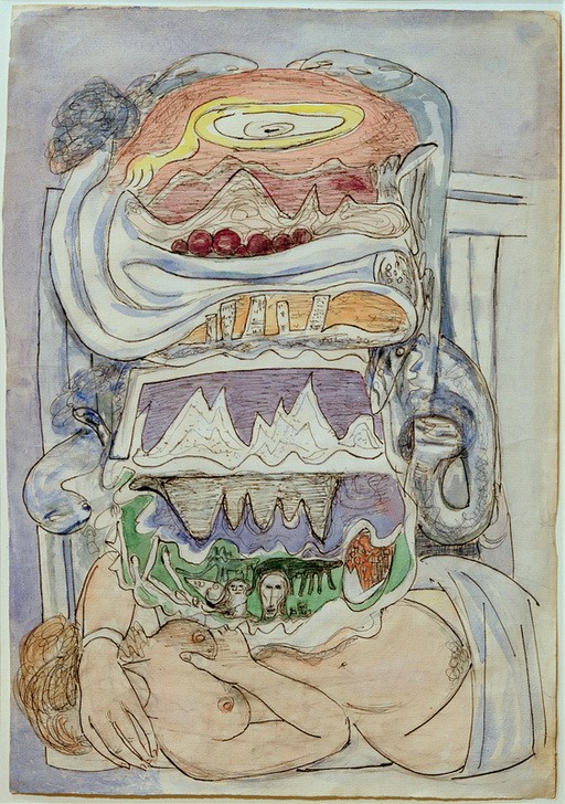 Max Beckmann, Dream of Weltkarte (Universum) (Schlafende, Frau, nackt, Aktmalerei, Traum, Traumbilder, Alpträume, Moderne, Zeichnung, Surrealismus, Persönlichkeiten, Wunschgröße, Wohnzimmer, bunt)