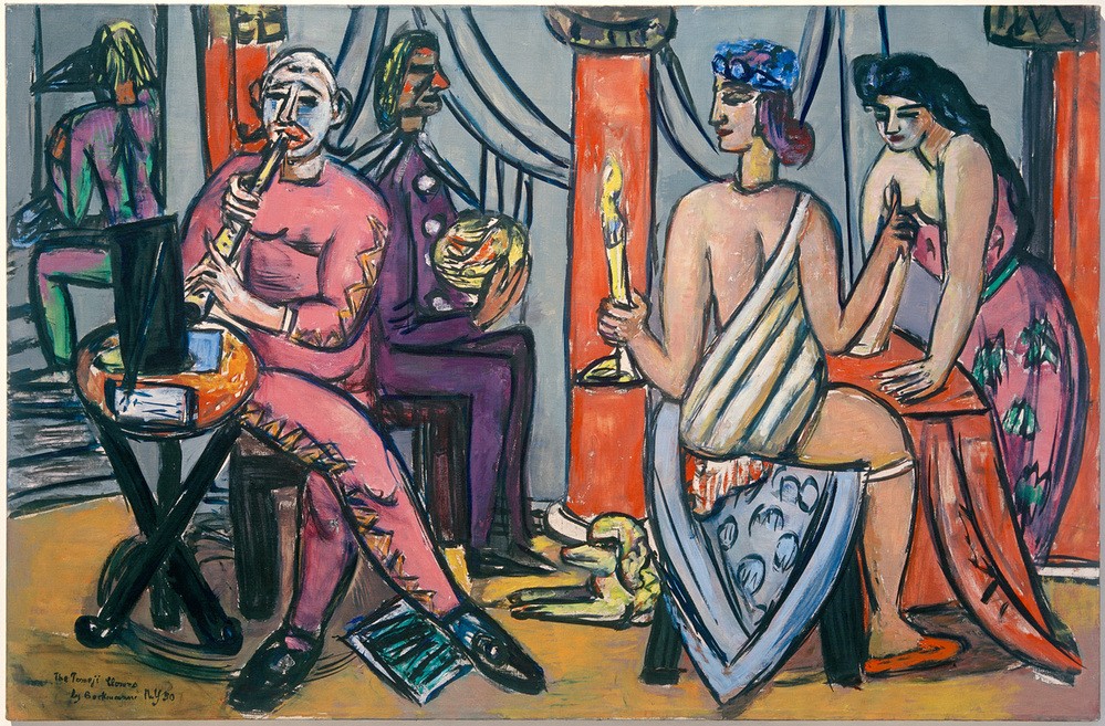 Max Beckmann, Pompej-Clowns (Artisten, Zirkus, Clowns, Menschen, Expressionismus, Klassische Moderne, Malerei, Wohnzimmer, Treppenhaus, Wunschgröße, bunt)