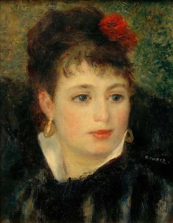 Pierre-Auguste Renoir, Frau mit Rose (Damenmode,Frau,Kunst,Maler (Künstler),Mensch,Mode,Rose,Schmuck,Impressionismus,Ohrring,Portrait,Französische Kunst,Teint,Kopf,Blume,Junge Frau,Halbprofil,Blume Im Haar,Signatur)